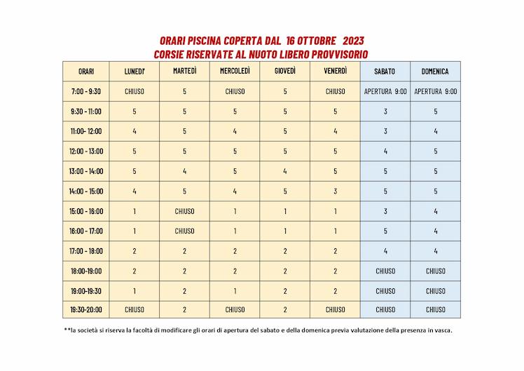 corsie nuoto libero orari ottobre